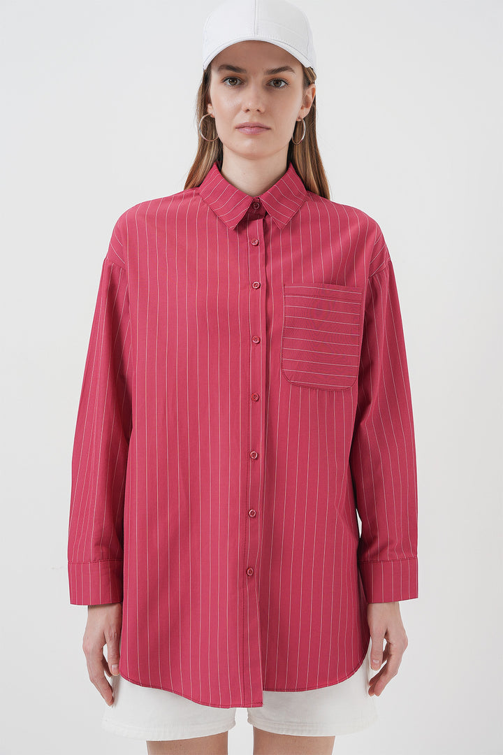 BGD Women Pocket Detailed Striped Oversized Shirt - Red - Lisburn