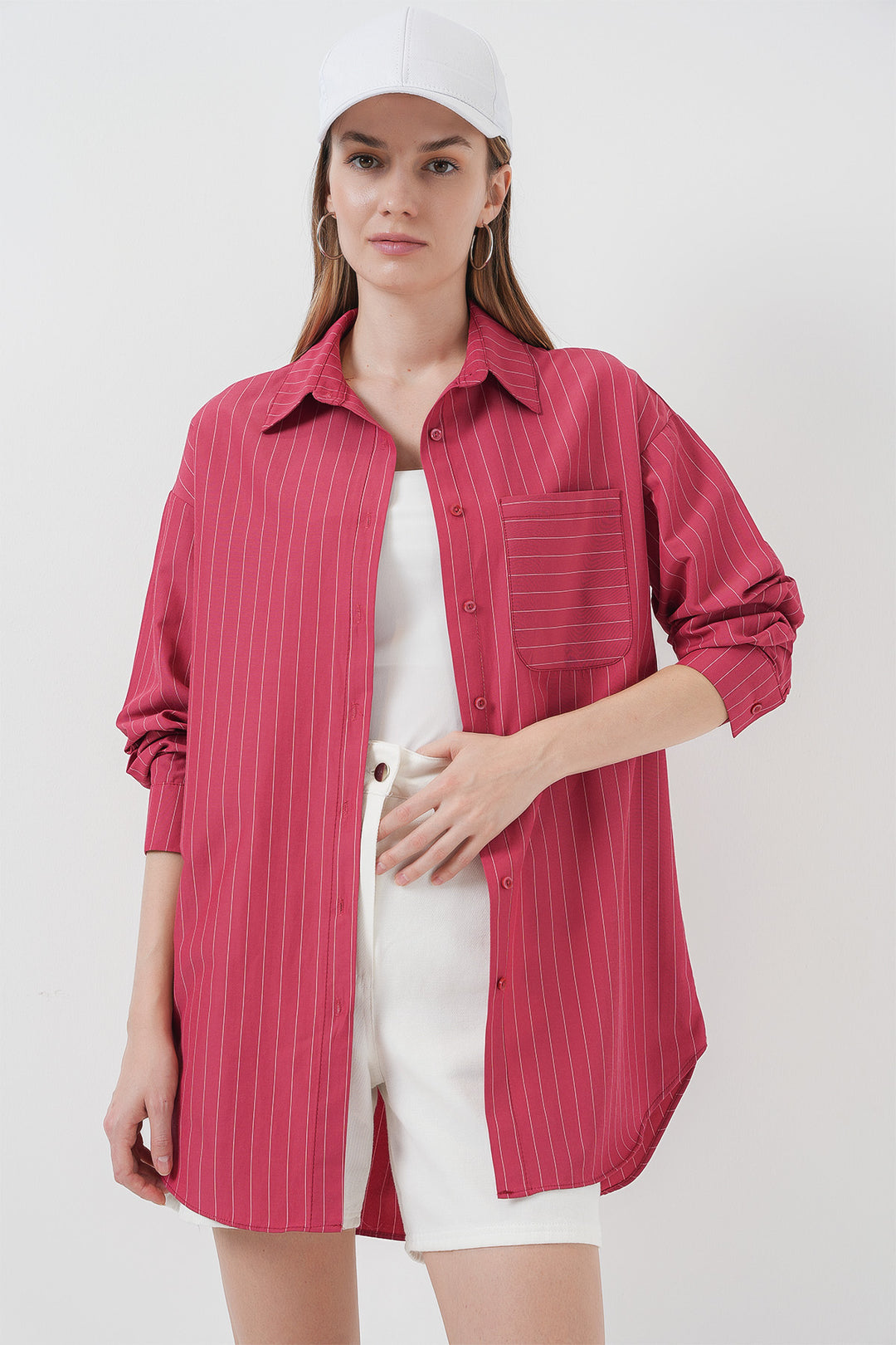 BGD Women Pocket Detailed Striped Oversized Shirt - Red - Lisburn