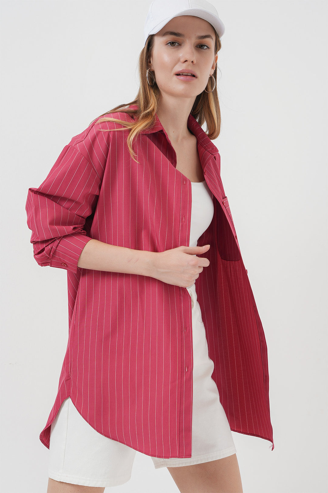 BGD Women Pocket Detailed Striped Oversized Shirt - Red - Lisburn