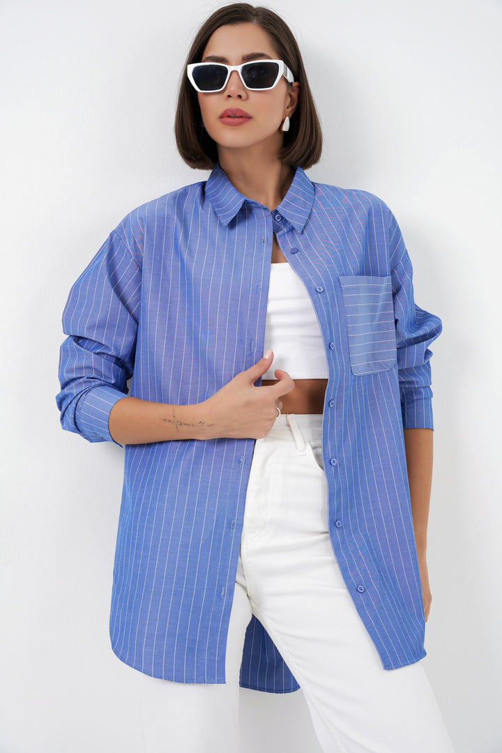 BGD Women Cep Detaylı Çizgili Oversize Gömlek - Lacivert - Bootle