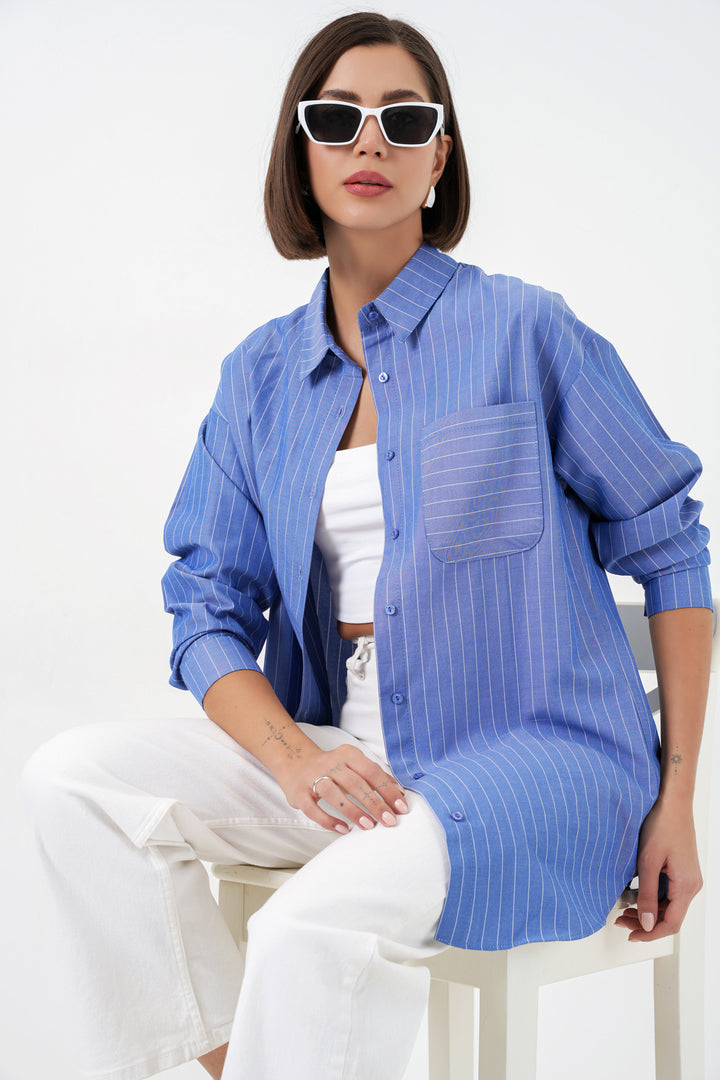 BGD Women Cep Detaylı Çizgili Oversize Gömlek - Lacivert - Bootle