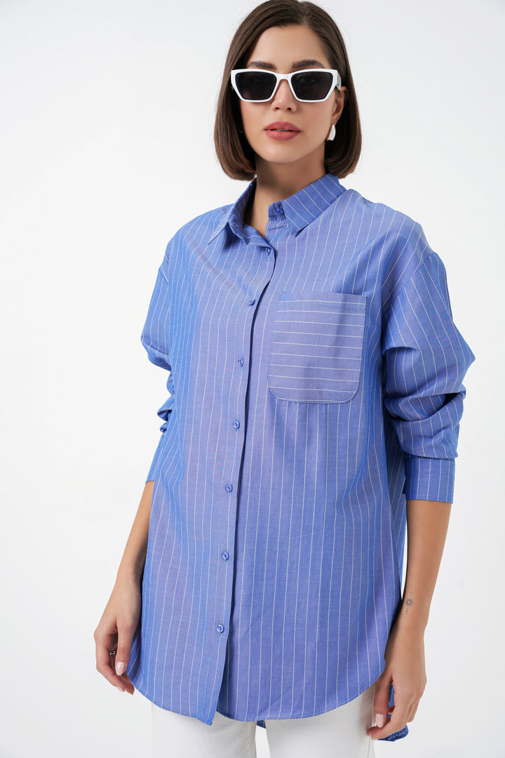 BGD Women Cep Detaylı Çizgili Oversize Gömlek - Lacivert - Bootle