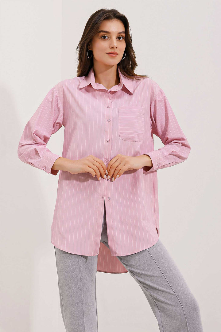 BGD Women Pocket Detailed Striped Oversized Shirt - Powder - Avondale