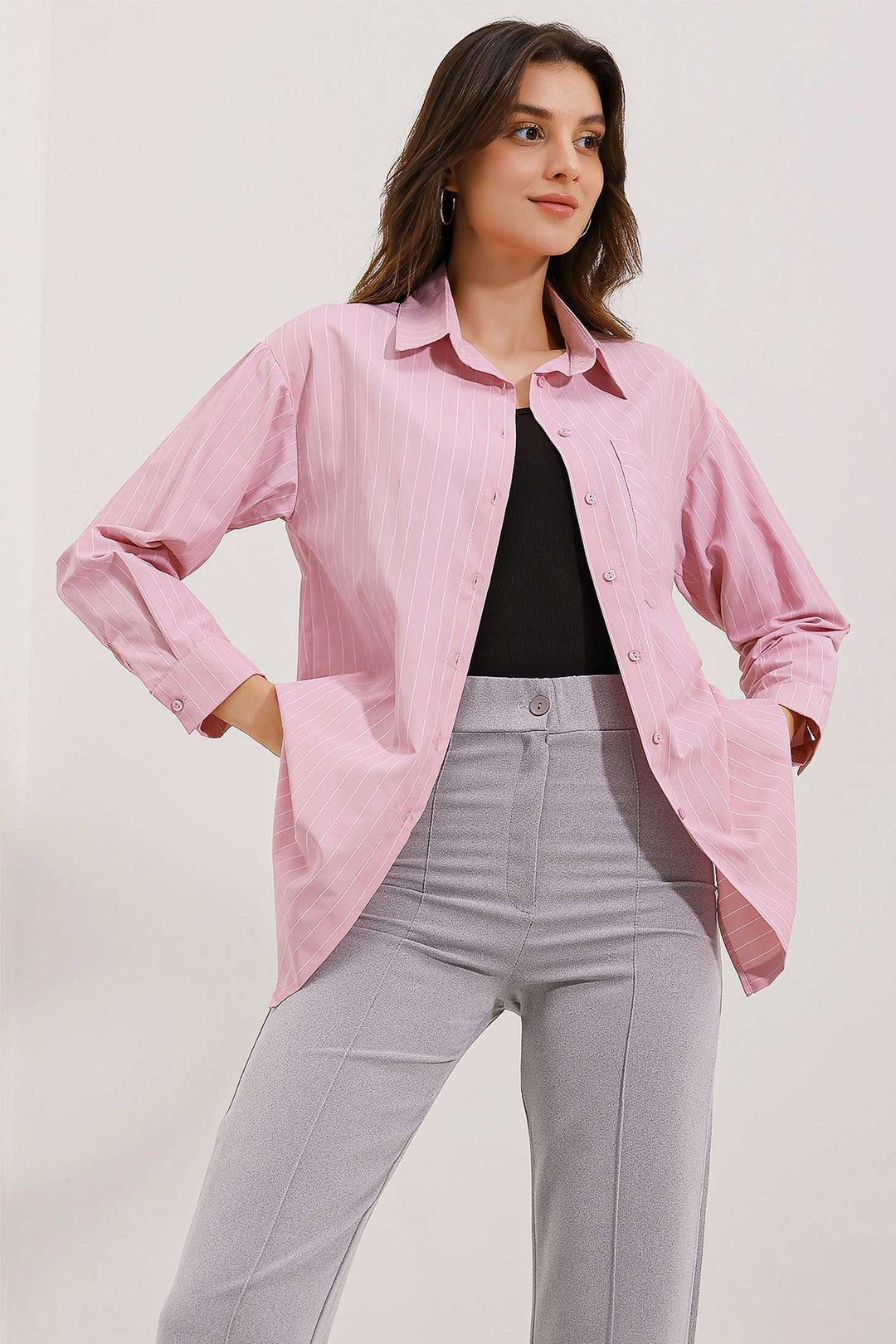 BGD Women Pocket Detailed Striped Oversized Shirt - Powder - Avondale