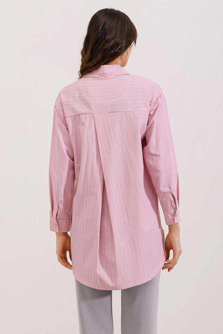 BGD Women Pocket Detailed Striped Oversized Shirt - Powder - Avondale