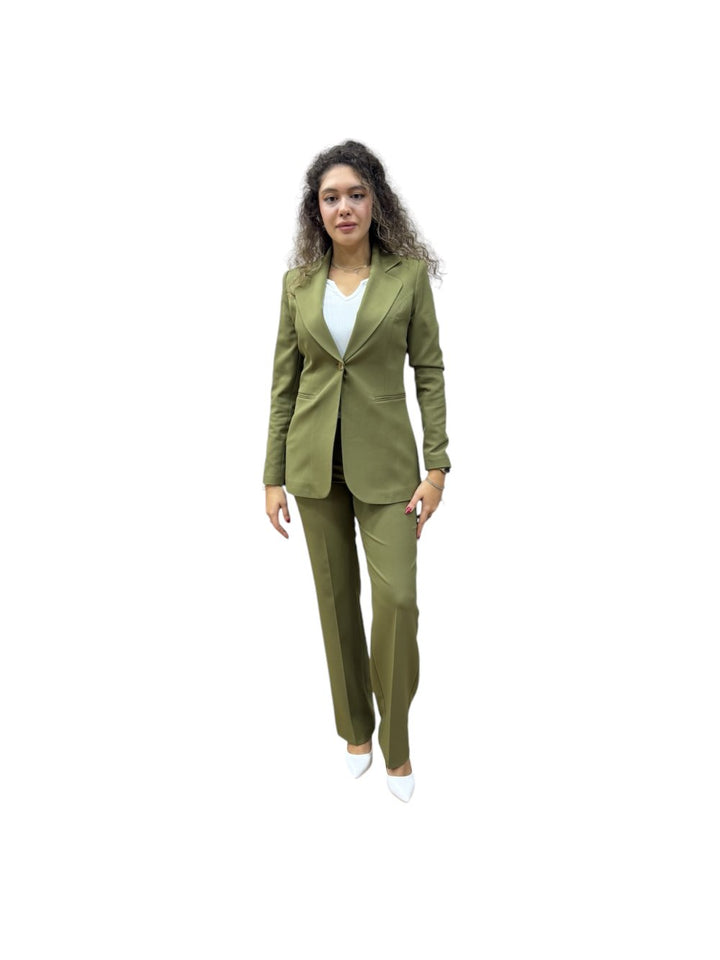 NDL Women Brooch Detail Gold Buttoned Satin Women's Suit Khaki - Sandy Springs