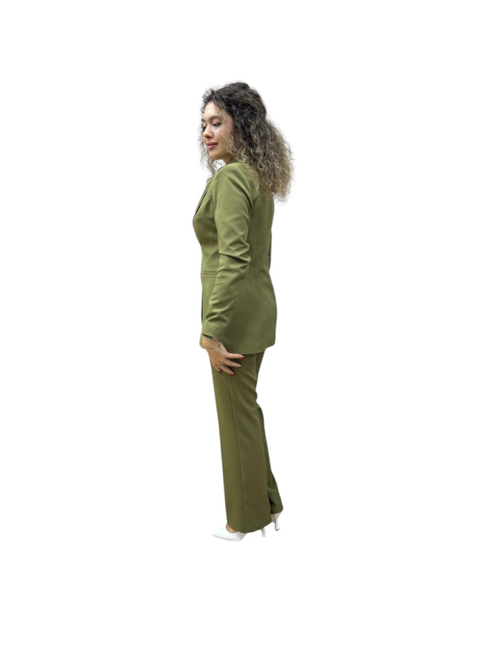 NDL Women Brooch Detail Gold Buttoned Satin Women's Suit Khaki - Sandy Springs