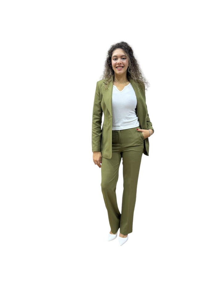 NDL Women Brooch Detail Gold Buttoned Satin Women's Suit Khaki - Sandy Springs