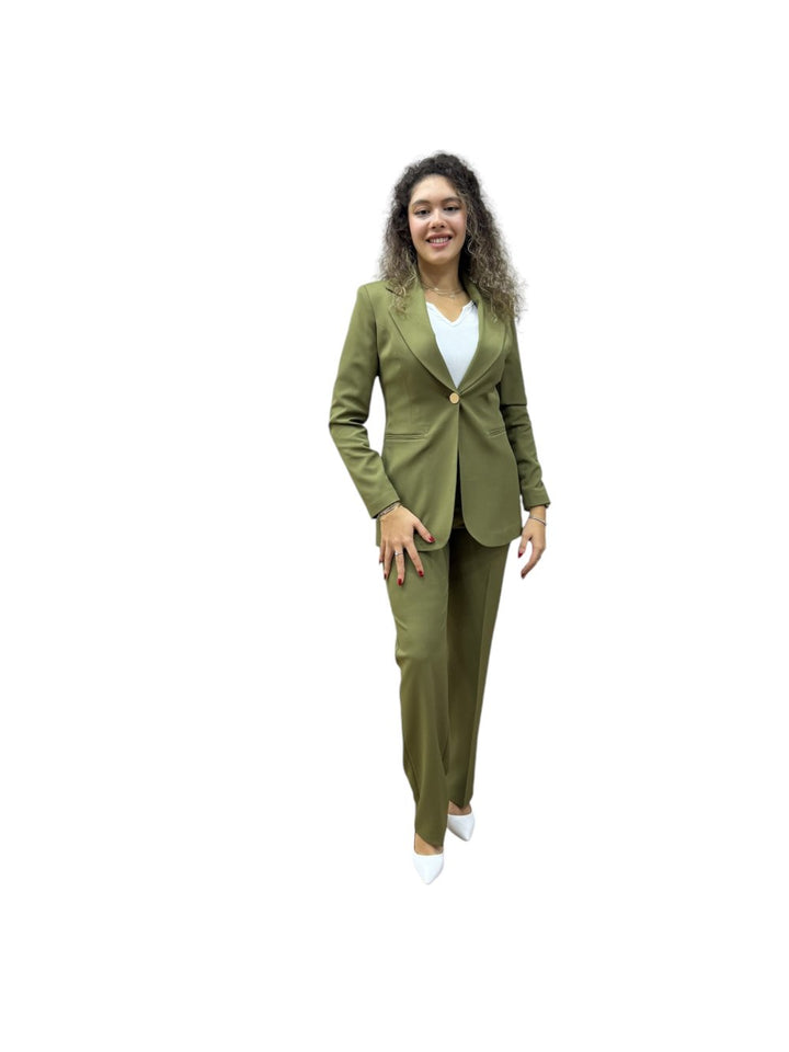 NDL Women Brooch Detail Gold Buttoned Satin Women's Suit Khaki - Sandy Springs