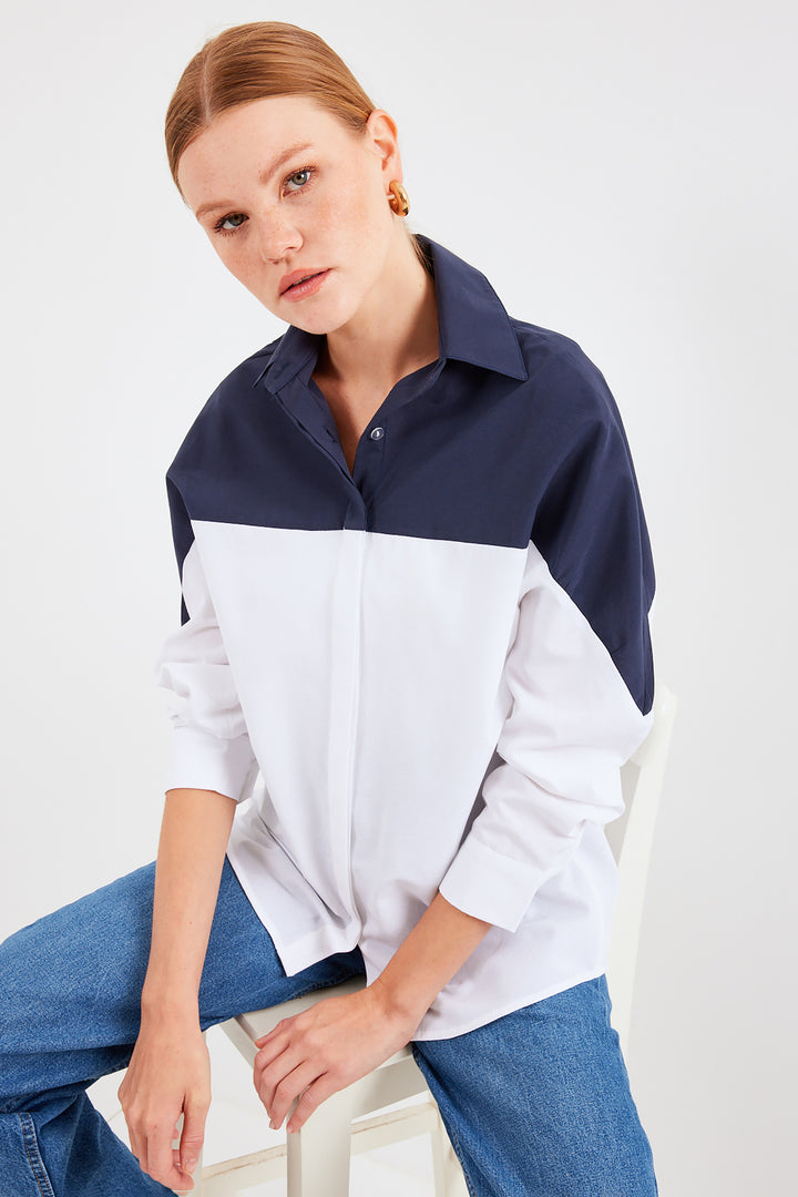 BGD Women Block Colored Oversized Shirt - Navy Blue - Avondale