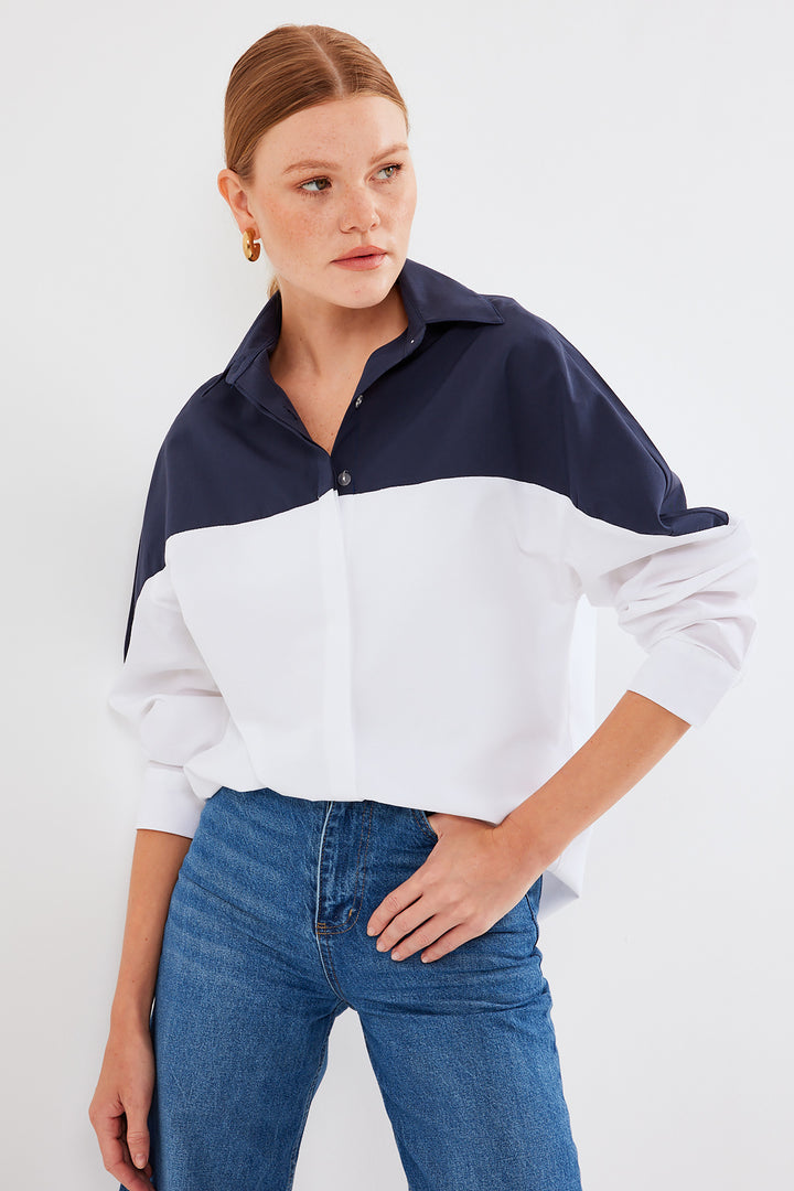 BGD Women Block Colored Oversized Shirt - Navy Blue - Avondale