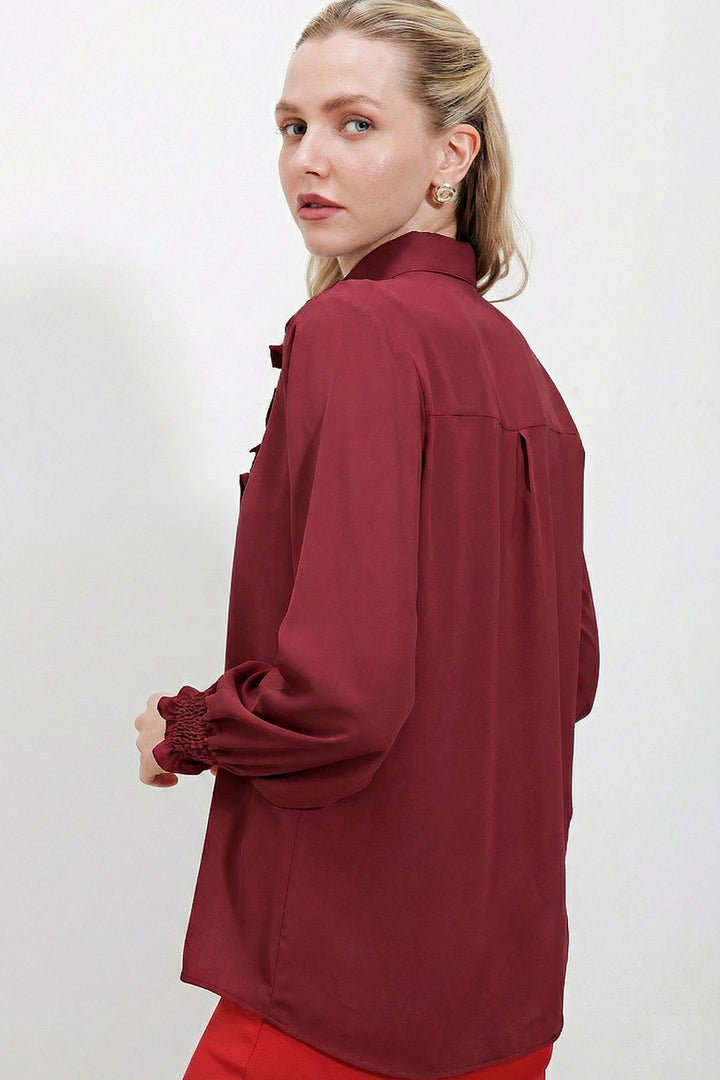 BGD Women Fırfırlı Uzun Kol Gömlek - Bordo - Thun
