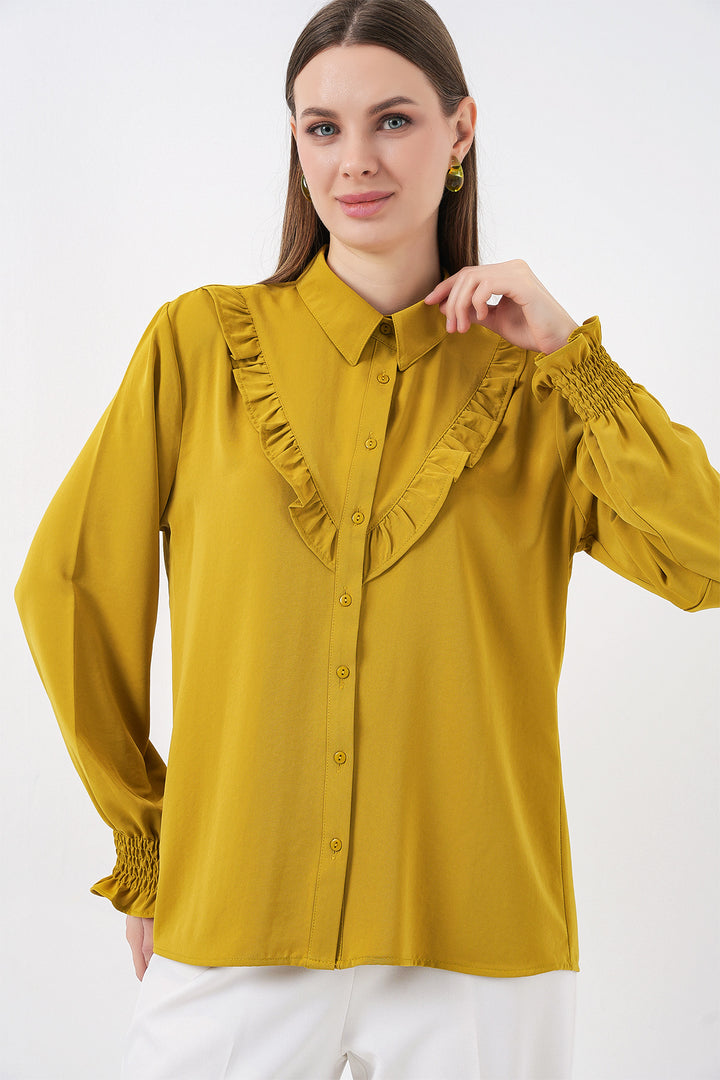 BGD Women Frilly Long Sleeve Shirt - Mustard - Schagen