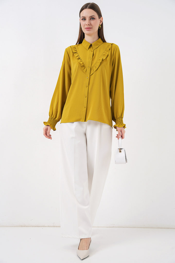 BGD Women Frilly Long Sleeve Shirt - Mustard - Schagen