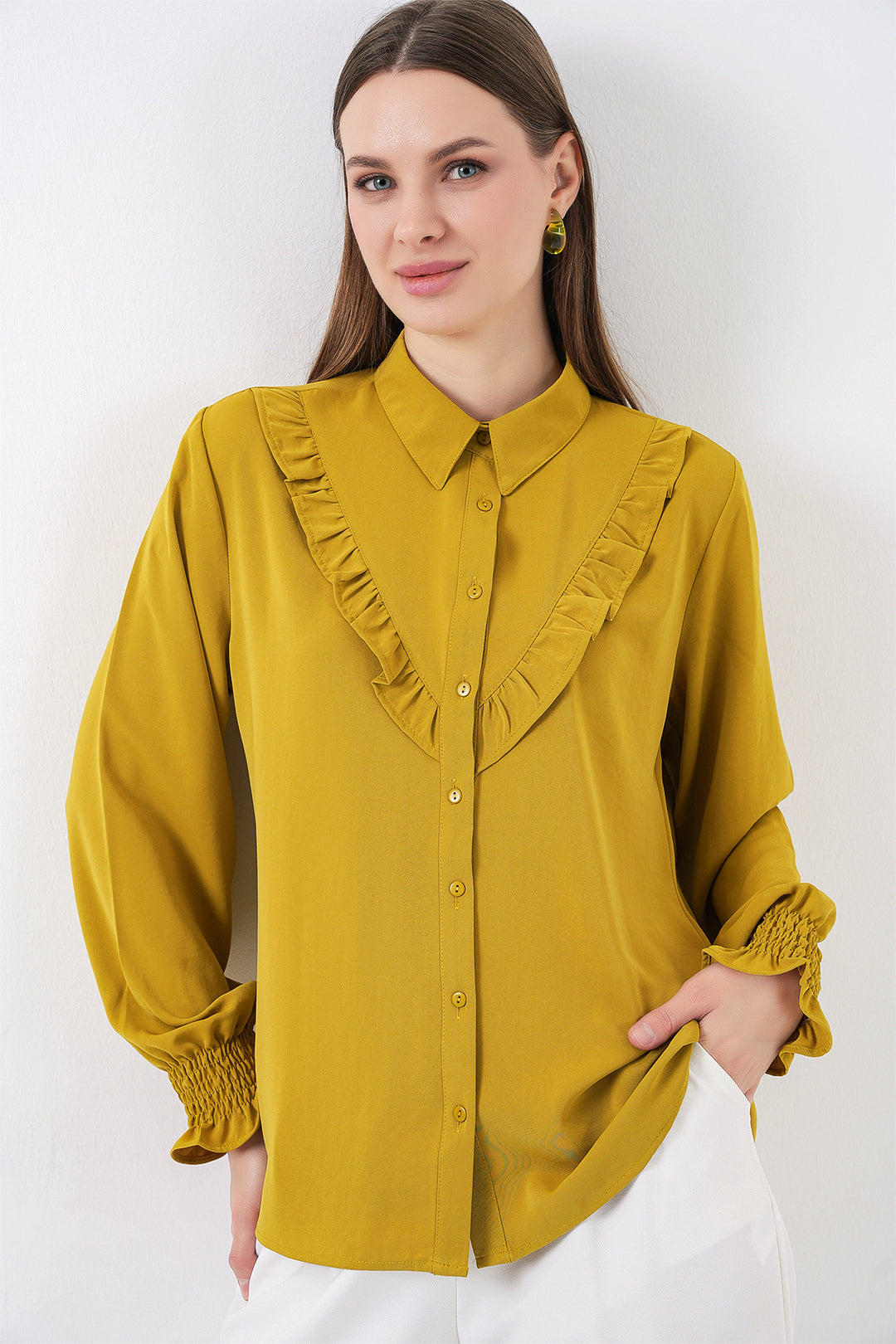 BGD Women Frilly Long Sleeve Shirt - Mustard - Schagen