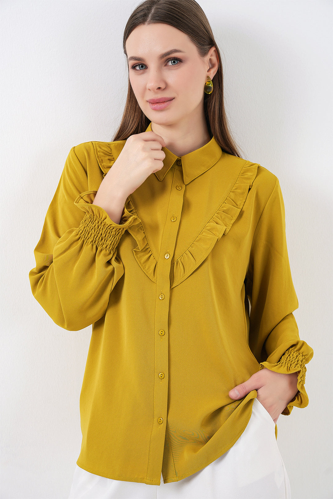 BGD Women Frilly Long Sleeve Shirt - Mustard - Schagen