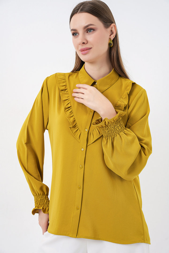 BGD Women Frilly Long Sleeve Shirt - Mustard - Schagen