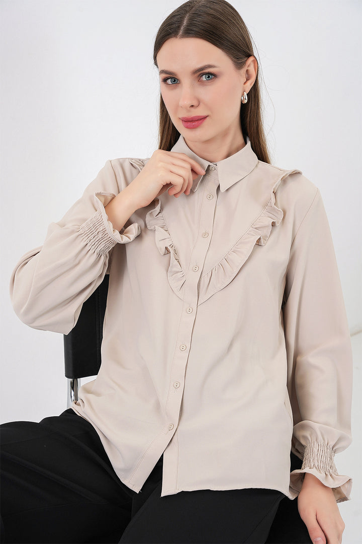 BGD Women Fırfırlı Uzun Kol Gömlek - Taş - Derry