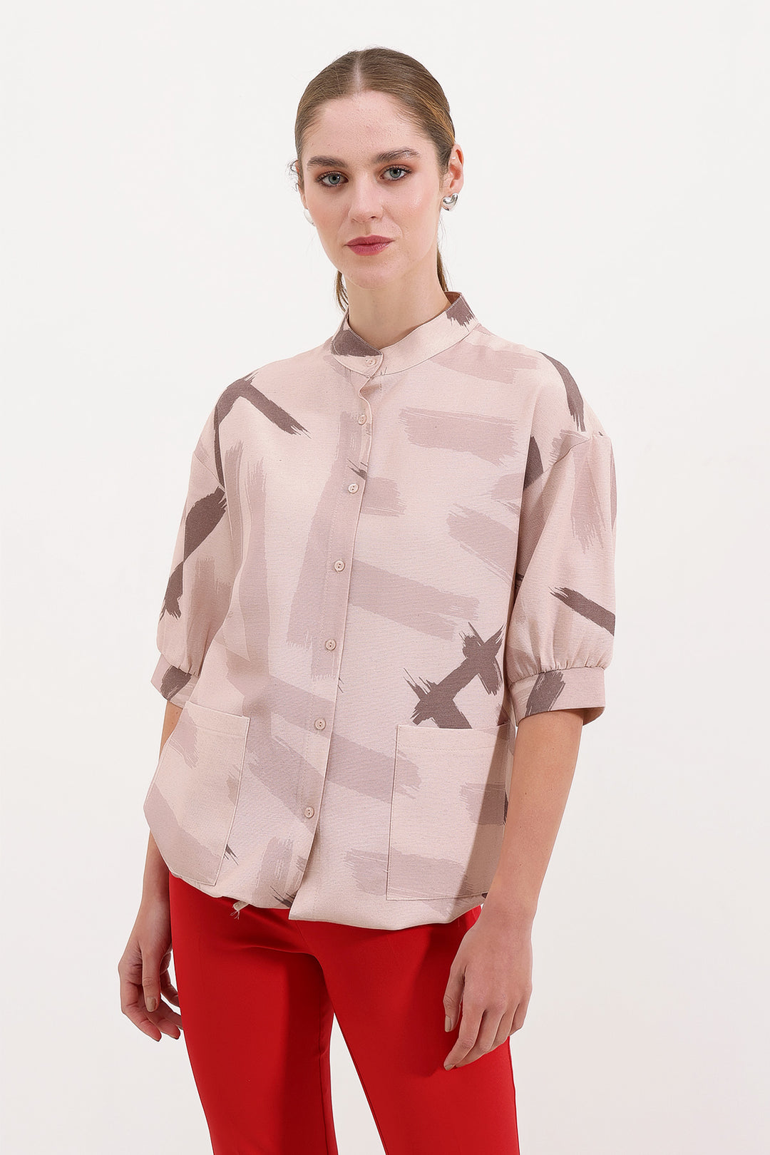 BGD Women Patterned Oversized Shirt - Beige - Avondale