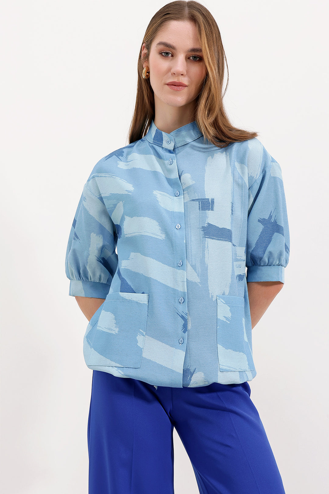 BGD Women Patterned Oversized Shirt - Blue - Avondale