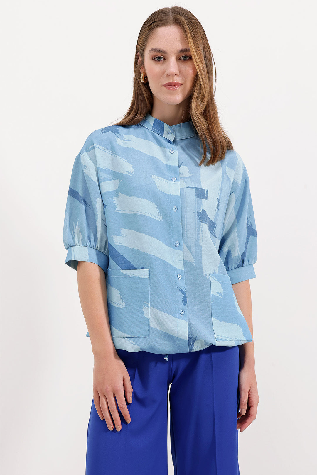 BGD Women Patterned Oversized Shirt - Blue - Avondale