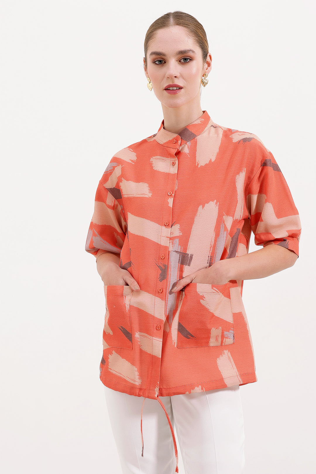BGD Women Patterned Oversized Shirt - Orange - Avondale