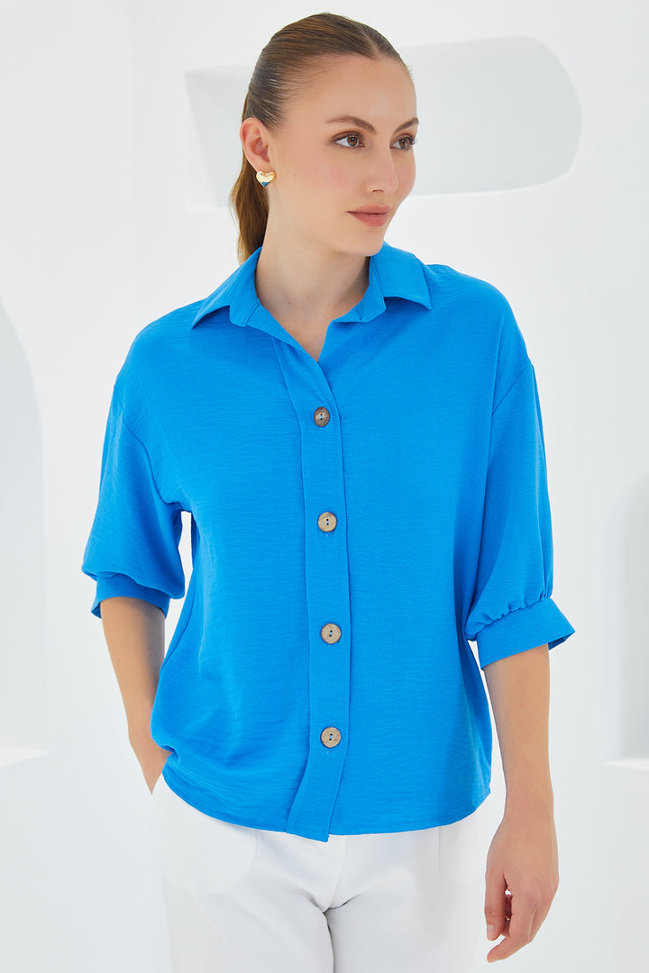 BGD Women Woman Blue Short Sleeve Oversized Linen Shirt 20240 - Avondale