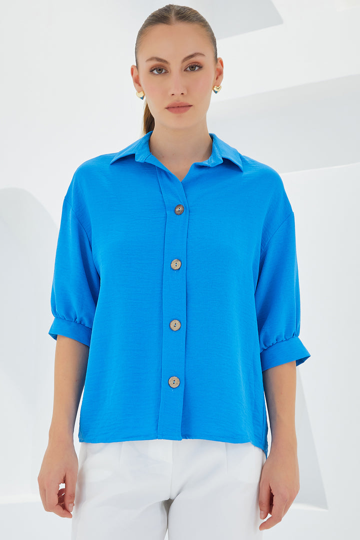 BGD Women Woman Blue Short Sleeve Oversized Linen Shirt 20240 - Avondale