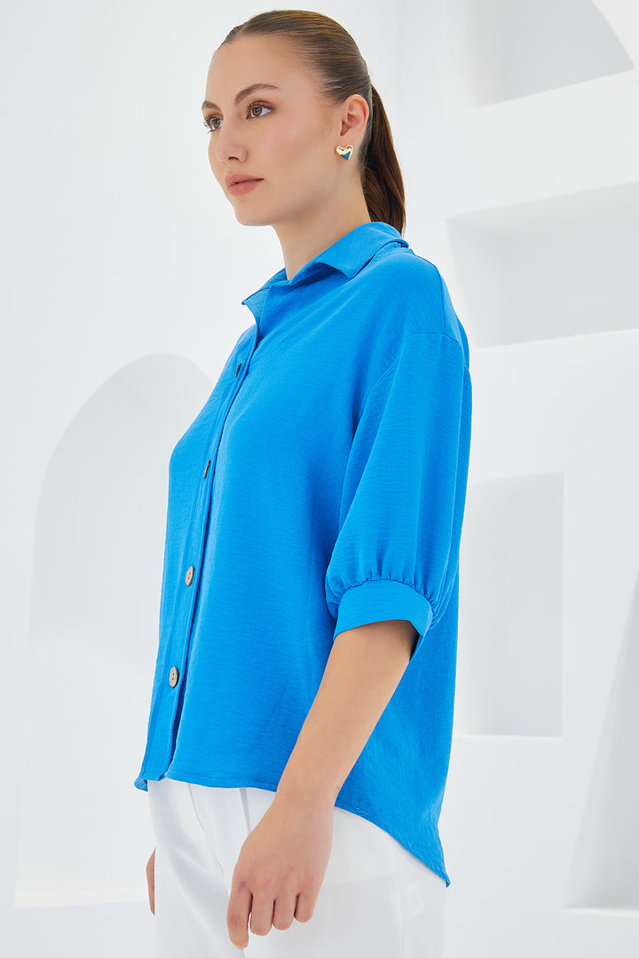 BGD Women Woman Blue Short Sleeve Oversized Linen Shirt 20240 - Avondale