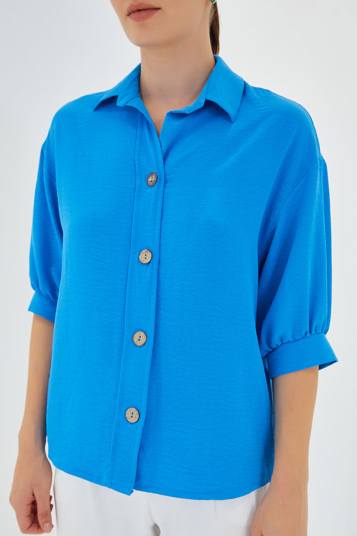 BGD Women Woman Blue Short Sleeve Oversized Linen Shirt 20240 - Avondale