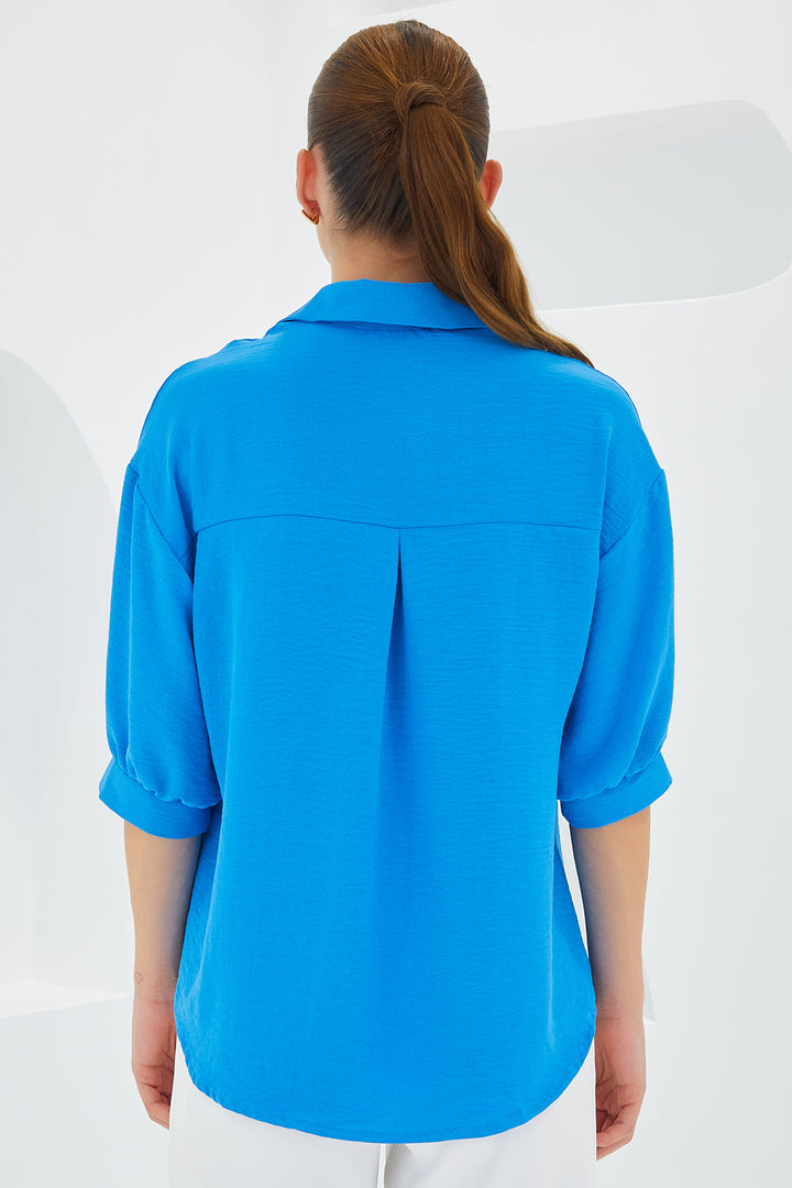 BGD Women Woman Blue Short Sleeve Oversized Linen Shirt 20240 - Avondale