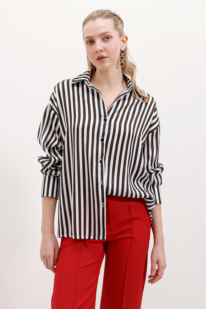 BGD Women Striped Oversized Shirt - Black - Avondale