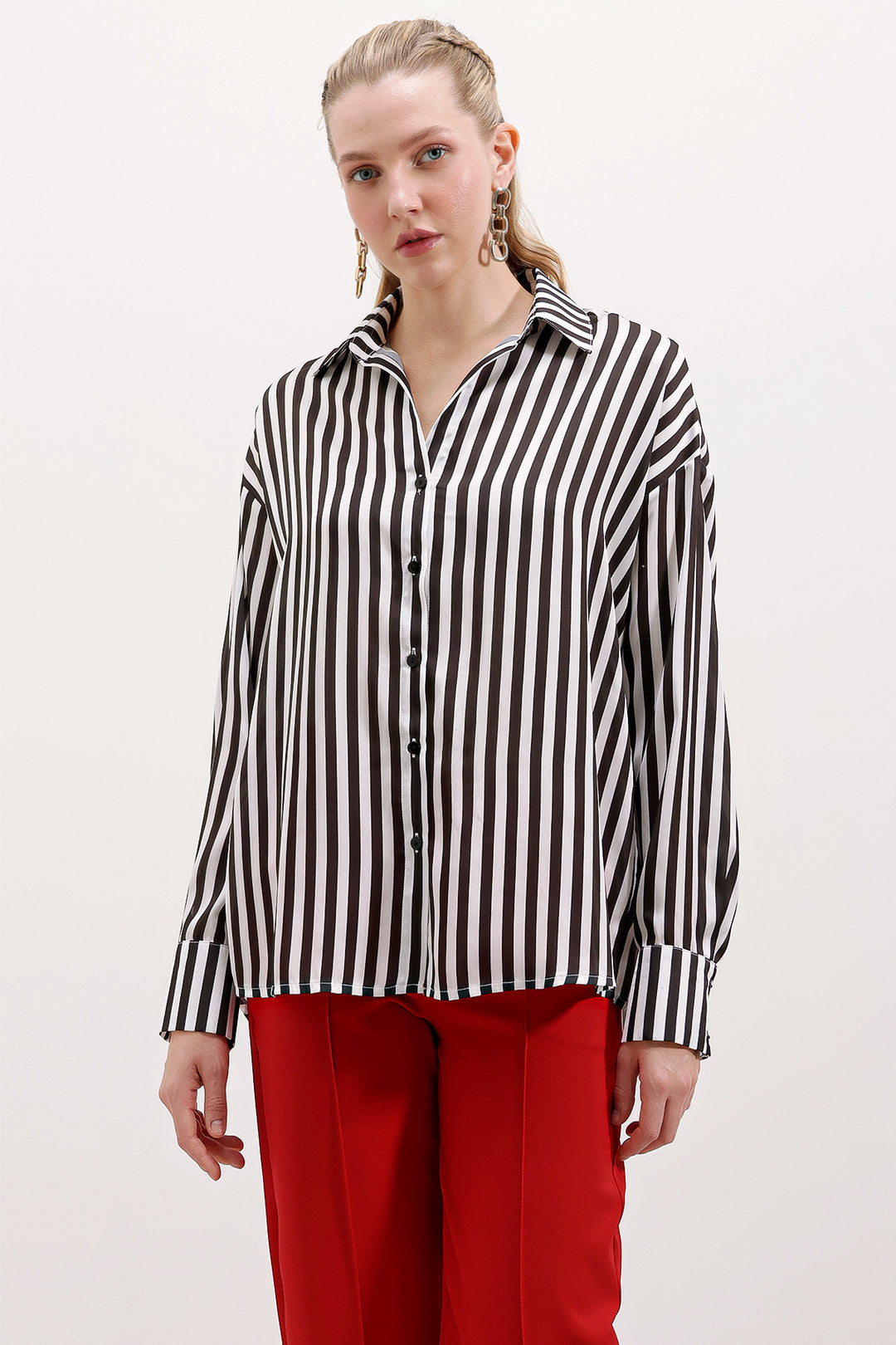 BGD Women Striped Oversized Shirt - Black - Avondale