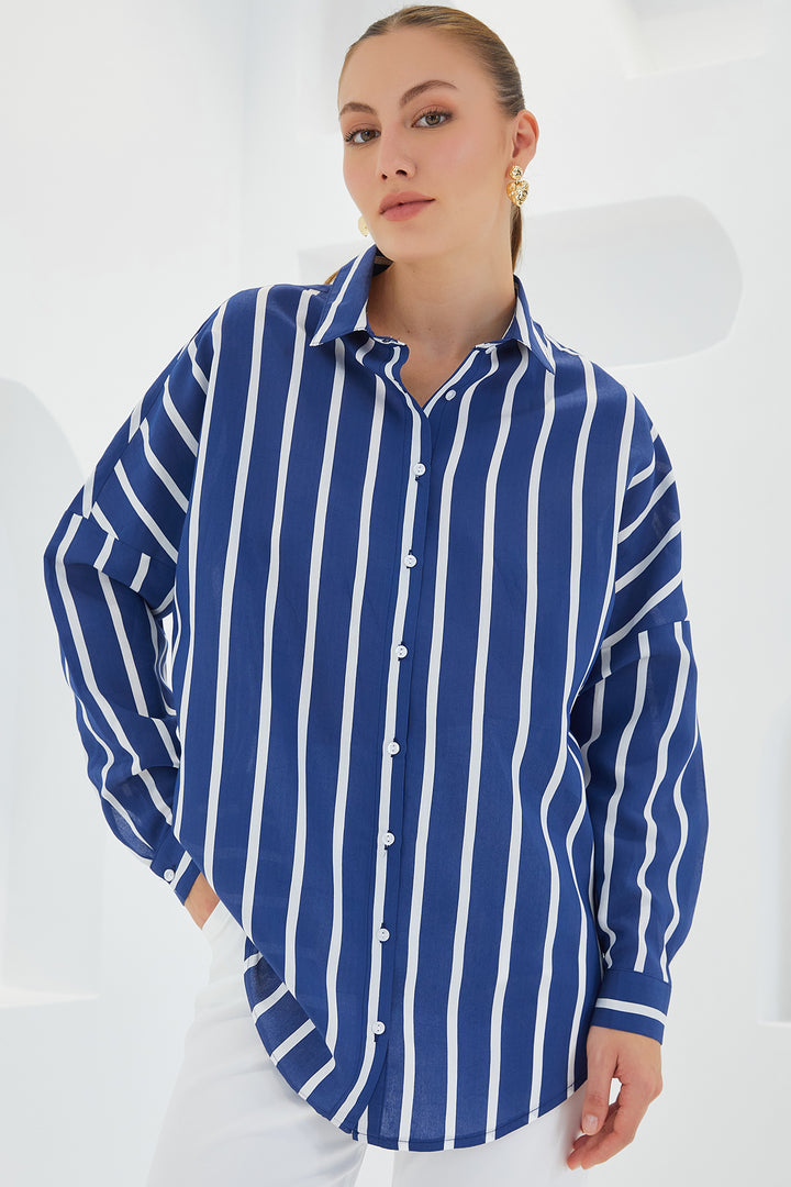 BGD Women Woman Navy White Striped Oversize Basic Shirt 20254 - Badajoz