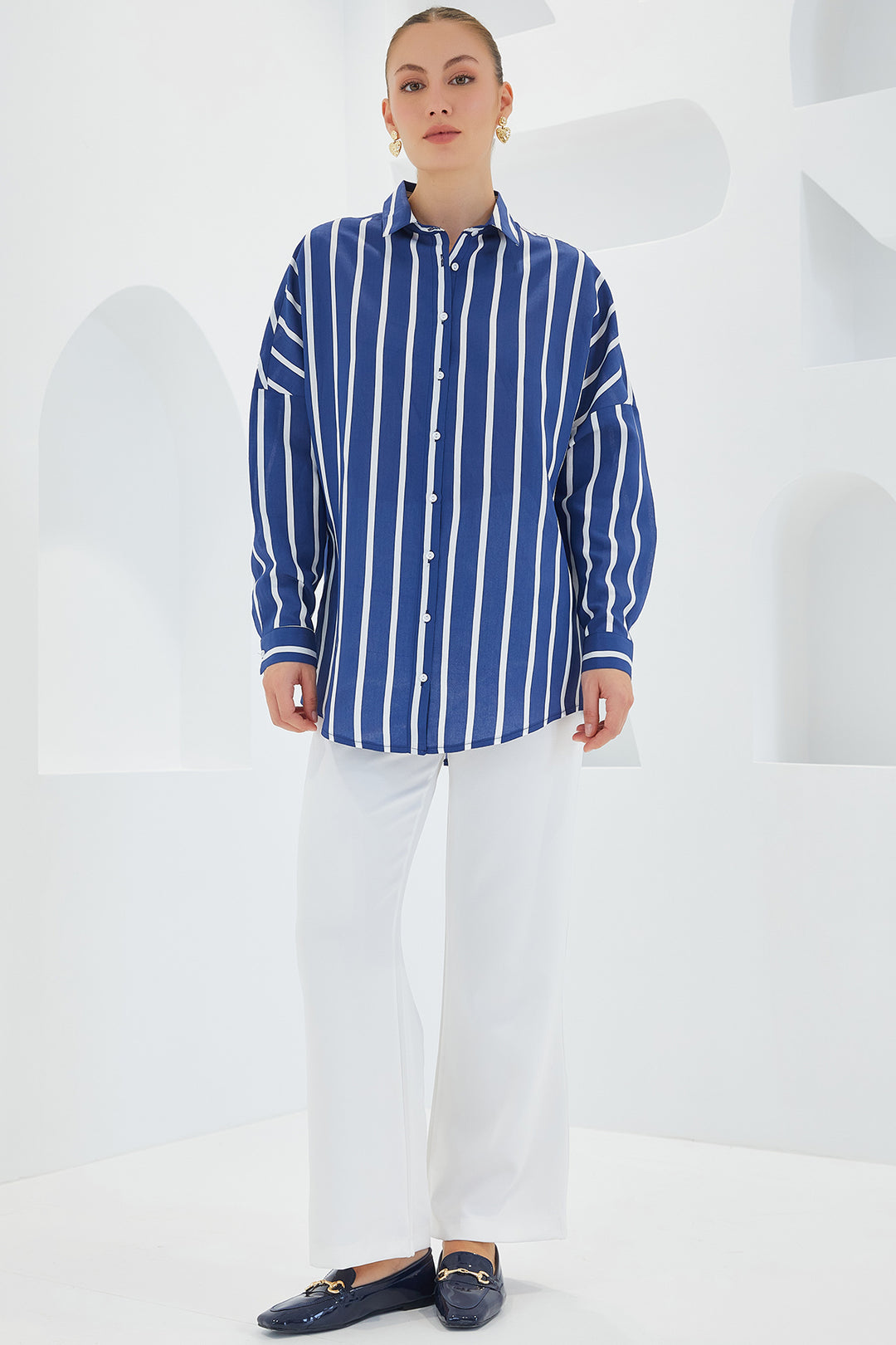 BGD Women Woman Navy White Striped Oversize Basic Shirt 20254 - Badajoz