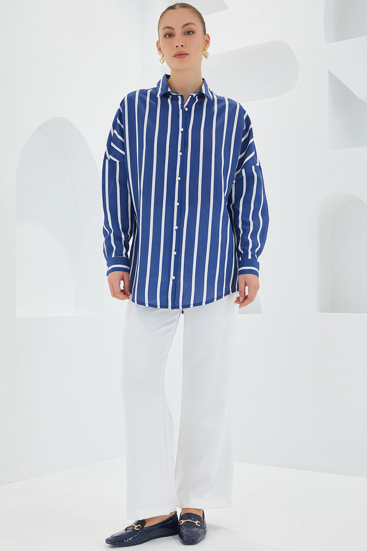 BGD Women Woman Navy White Striped Oversize Basic Shirt 20254 - Badajoz