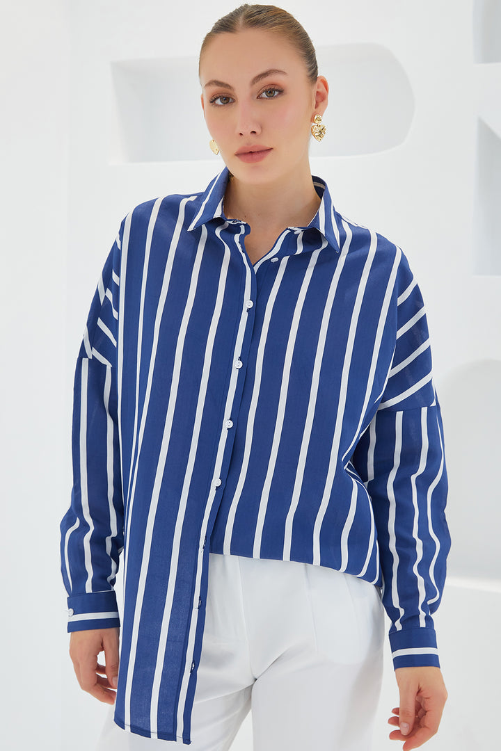 BGD Women Woman Navy White Striped Oversize Basic Shirt 20254 - Badajoz