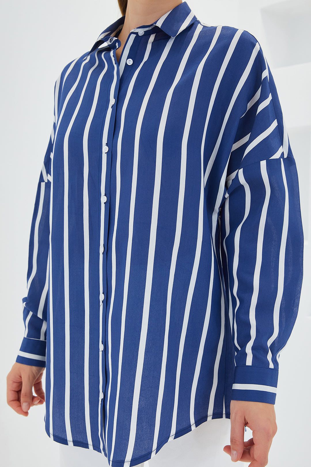 BGD Women Woman Navy White Striped Oversize Basic Shirt 20254 - Badajoz