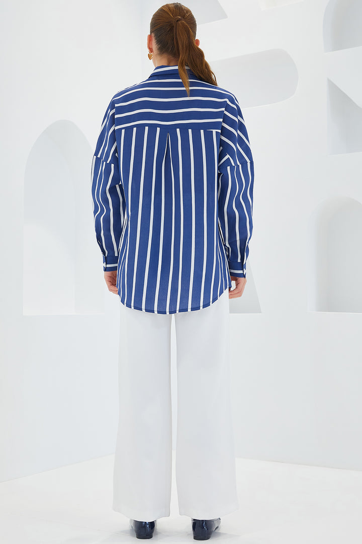 BGD Women Woman Navy White Striped Oversize Basic Shirt 20254 - Badajoz