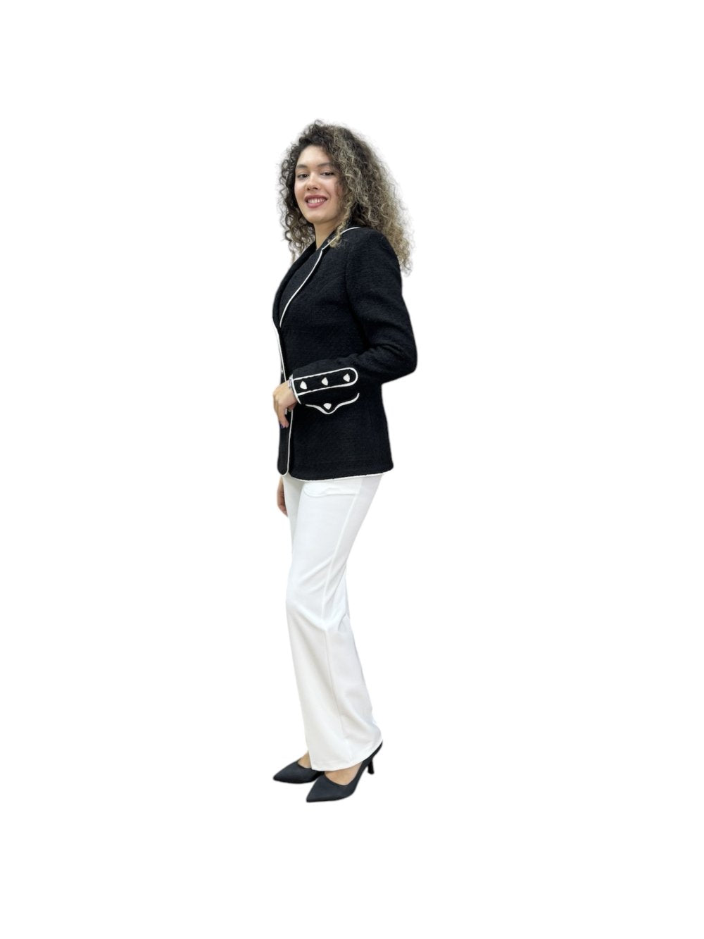 NDL Women 3 Button Knit Fabric Jacket Women's Suit Black-White - Vitoria-Gasteiz