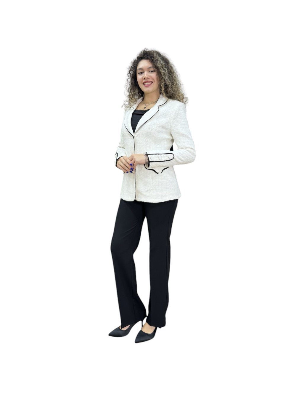 NDL Women 3 Button Knit Fabric Jacket Women's Suit White-Black - Korschenbroich