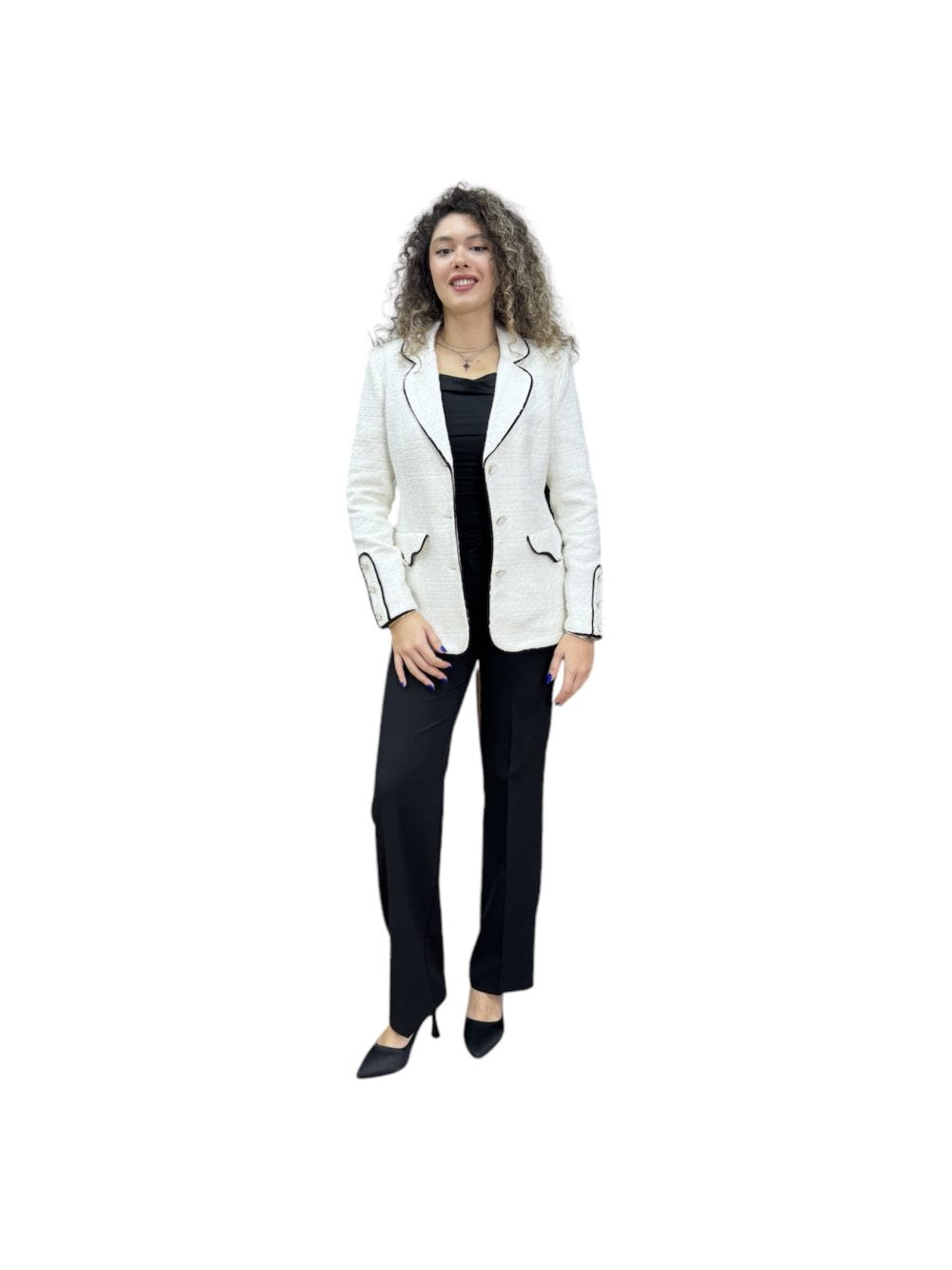 NDL Women 3 Button Knit Fabric Jacket Women's Suit White-Black - Korschenbroich