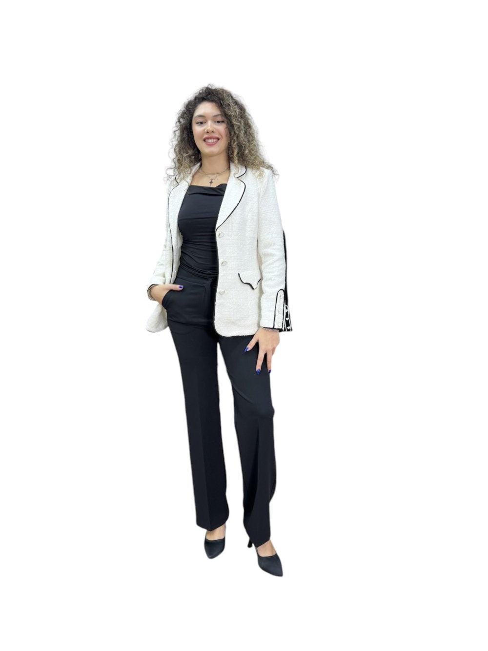 NDL Women 3 Button Knit Fabric Jacket Women's Suit White-Black - Korschenbroich