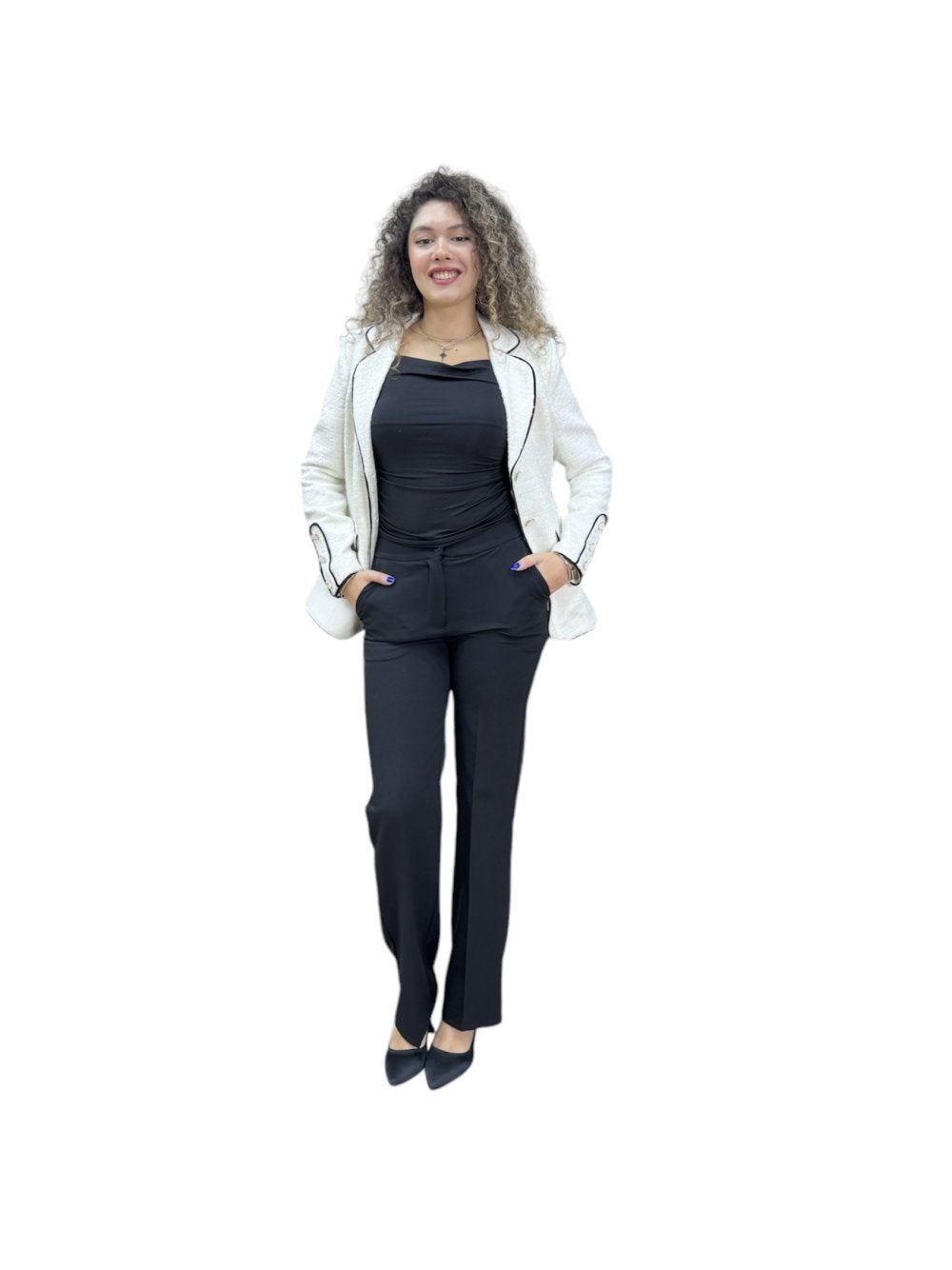 NDL Women 3 Button Knit Fabric Jacket Women's Suit White-Black - Korschenbroich