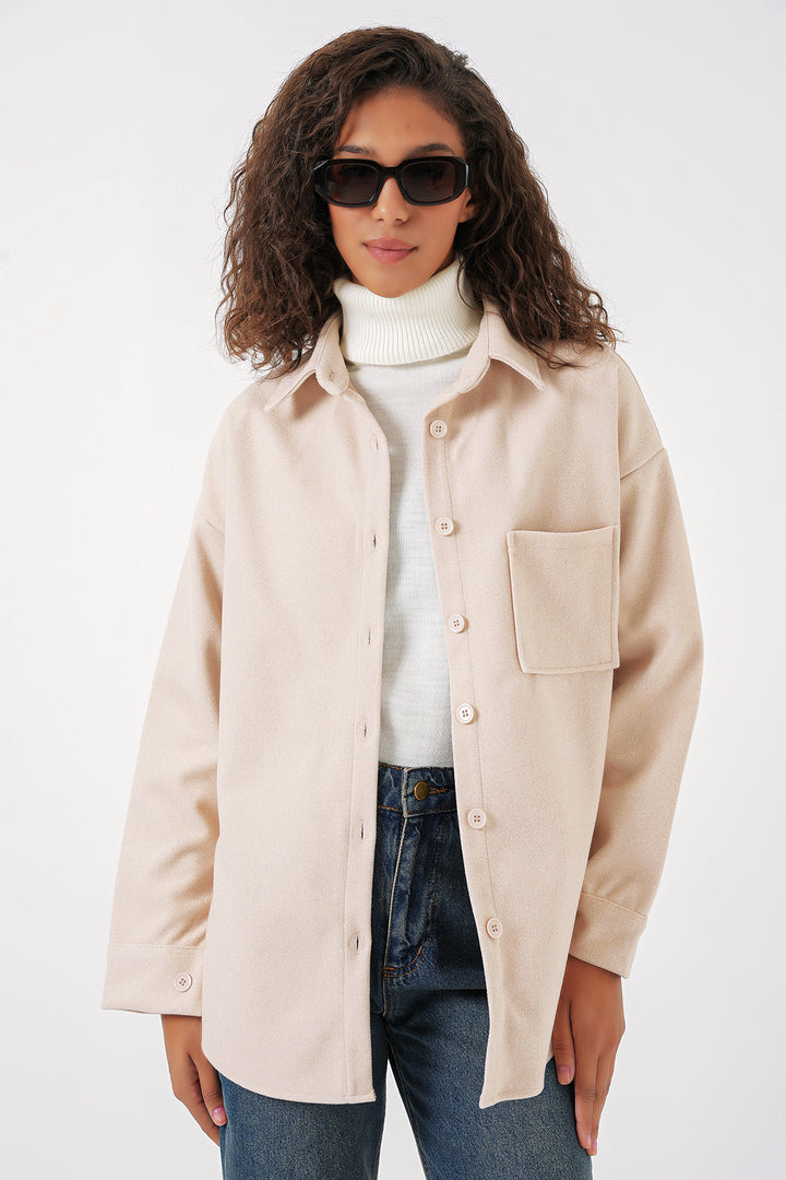 BGD Women Single Pocket Buttoned Coat Shirt - Cream - Plymouth