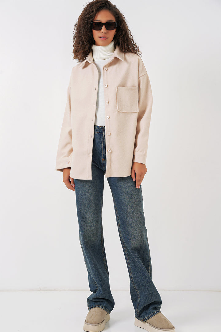 BGD Women Single Pocket Buttoned Coat Shirt - Cream - Plymouth