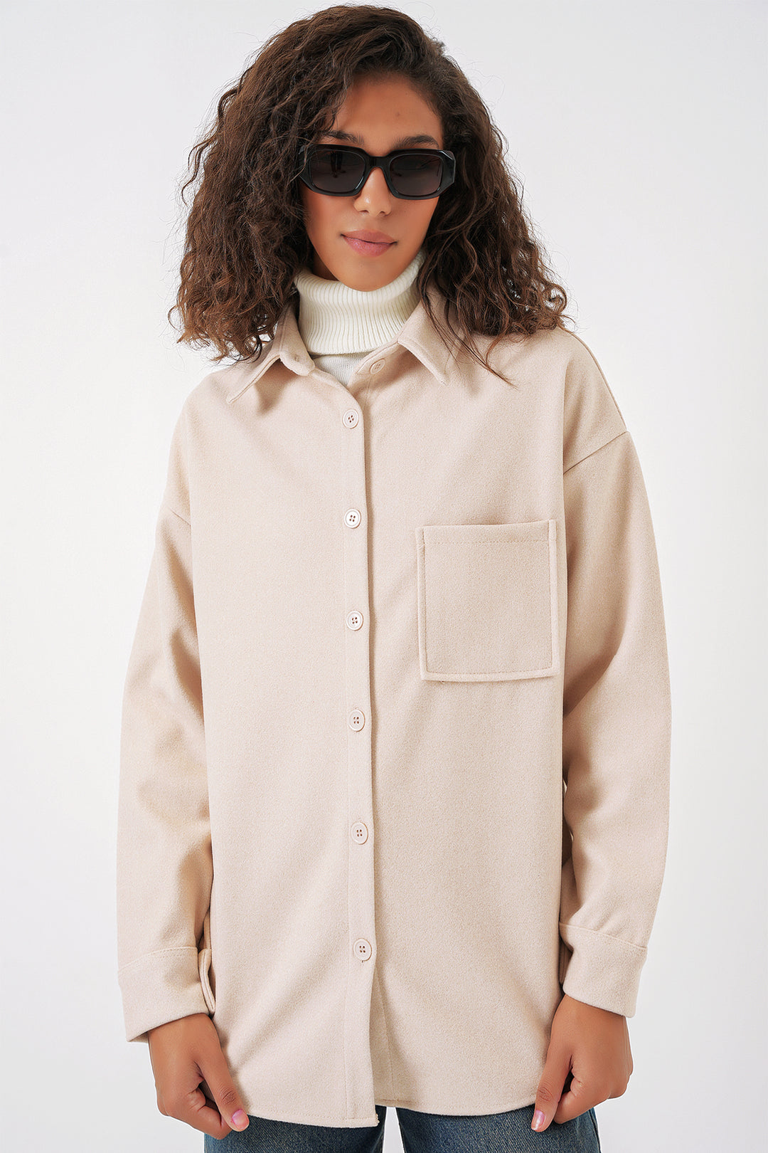 BGD Women Single Pocket Buttoned Coat Shirt - Cream - Plymouth