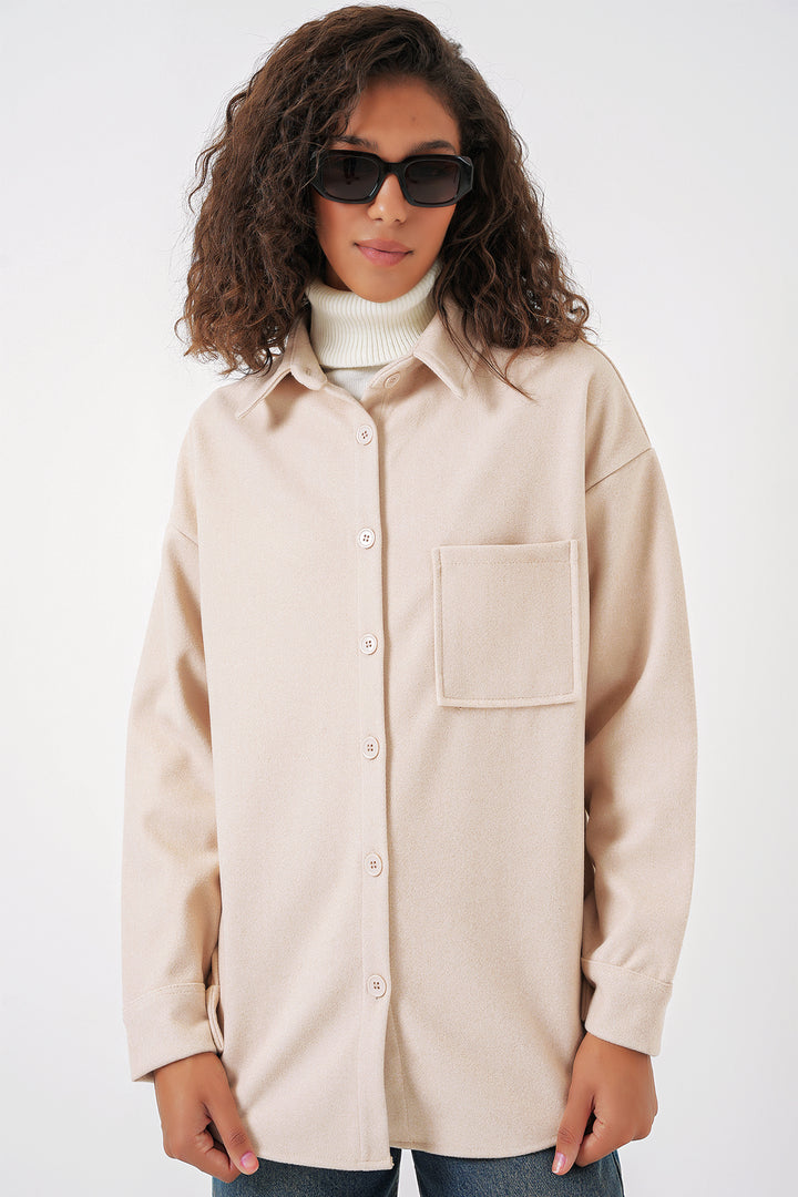 BGD Women Single Pocket Buttoned Coat Shirt - Cream - Plymouth
