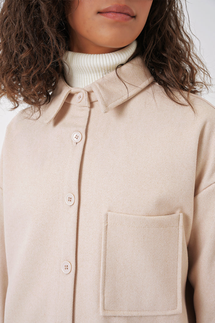 BGD Women Single Pocket Buttoned Coat Shirt - Cream - Plymouth