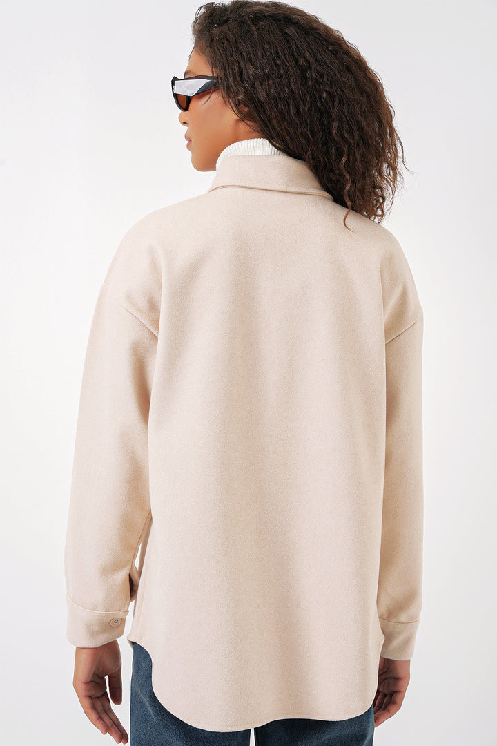 BGD Women Single Pocket Buttoned Coat Shirt - Cream - Plymouth